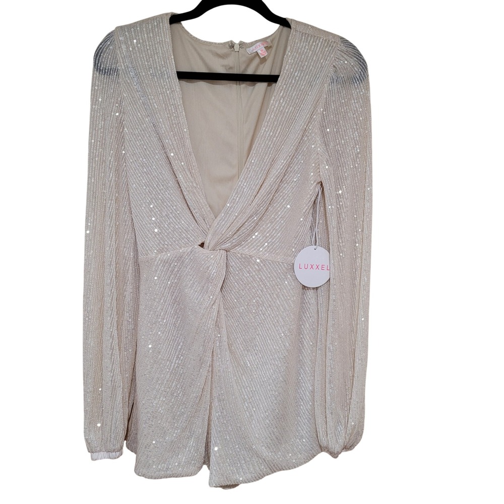 New Luxxel Nude Sequin Long Sleeve Twist Front Romper bridal formal cocktail